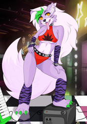 Size: 847x1200 | Tagged: safe, artist:panda_man90, roxanne wolf (fnaf), canine, mammal, wolf, anthro, digitigrade anthro, five nights at freddy's, five nights at freddy's: security breach, 2021, black nose, breasts, clothes, collar, digital art, ear piercing, ears, eyelashes, female, fur, green hair, hair, looking at you, open mouth, piercing, pose, sharp teeth, solo, solo female, spiked belt, spiked bracelet, spiked collar, sports bra, sports panties, tail, teeth, thighs, tongue, tongue out, topwear, underboob, wide hips