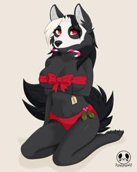Size: 960x1200 | Tagged: suggestive, artist:panda_man90, oc, oc only, canine, mammal, wolf, anthro, digitigrade anthro, 2021, arm under breasts, bikini, black nose, breasts, candy cane, christmas, clothes, digital art, ears, eyelashes, female, fur, hair, holding, holiday, kneeling, looking at you, mistletoe, mouth hold, pose, ribbon, sharp teeth, simple background, solo, solo female, swimsuit, tail, teeth, thighs, wide hips