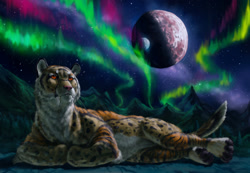 Size: 1280x885 | Tagged: safe, artist:a_inc, cheetah, feline, hybrid, mammal, saber-toothed cat, feral, 2022, aurora borealis, digital art, digital painting, fur, lying down, male, moon, mountain, night, on side, orange eyes, paws, planet, prone, sabertooth (anatomy), scenery, side view, solo, solo male, spotted fur, stars, striped fur, tail, teeth, three-quarter view, whiskers, white body, white fur, yellow body, yellow fur