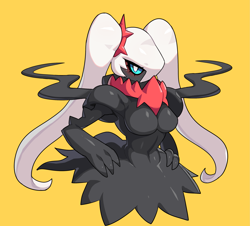 Size: 2393x2166 | Tagged: safe, artist:drunk_oak, darkrai, fictional species, legendary pokémon, mythical pokémon, anthro, semi-anthro, nintendo, pokémon, 2021, bedroom eyes, belly button, blushing, breasts, digital art, female, hair, hand on hip, high res, looking at you, simple background, solo, solo female, wide hips