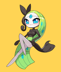 Size: 1730x2040 | Tagged: safe, artist:drunk_oak, fictional species, legendary pokémon, meloetta, mythical pokémon, anthro, nintendo, pokémon, 2021, bedroom eyes, blushing, breasts, clothes, digital art, female, hair, looking at you, simple background, smiling, smiling at you, solo, solo female