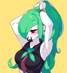 Size: 957x1043 | Tagged: safe, artist:drunk_oak, fictional species, gardevoir, anthro, nintendo, pokémon, 2021, bedroom eyes, blushing, breasts, clothes, digital art, femboy, hair, holding, male, mouth hold, simple background, solo, solo male