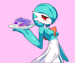 Size: 1062x894 | Tagged: safe, artist:drunk_oak, fictional species, gardevoir, shiny pokémon, nintendo, pokémon, 2021, bedroom eyes, breasts, censored, clothes, digital art, female, food, hair, looking at you, simple background, solo, solo female