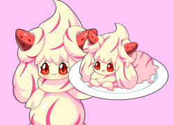 Size: 1245x897 | Tagged: safe, artist:drunk_oak, alcremie, fictional species, feral, nintendo, pokémon, 2021, ambiguous gender, berry, digital art, duo, duo ambiguous, food, fruit, hair, looking at you, simple background, strawberry