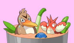 Size: 1533x890 | Tagged: safe, artist:drunk_oak, bird, corphish, crustacean, farfetch'd, fictional species, lobster, feral, nintendo, pokémon, 2021, ambiguous gender, bedroom eyes, berry, blushing, cooking, digital art, duo, duo ambiguous, food, fruit, leek, looking at you, simple background
