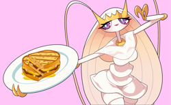 Size: 1491x918 | Tagged: safe, artist:drunk_oak, fictional species, pheromosa, anthro, nintendo, pokémon, 2021, bedroom eyes, blushing, breasts, digital art, female, food, hair, looking at you, sandwich, simple background, solo, solo female