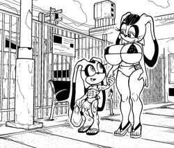 Size: 1280x1090 | Tagged: suggestive, artist:akashur12, cream the rabbit (sonic), vanilla the rabbit (sonic), anthro, sega, sonic the hedgehog (series), bikini, breasts, clothes, daughter, duo, female, huge breasts, monochrome, mother, mother and child, mother and daughter, muscles, sandals, shoes, swimsuit, urban