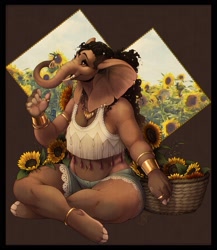 Size: 1624x1871 | Tagged: safe, artist:theandroiddandy, elephant, mammal, anthro, big ears, clothes, ears, female, flower, jean shorts, plant, proboscis, sitting, solo, solo female, sunflower, tank top, teeth, topwear, trunk, tusks