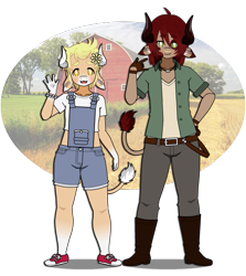 Size: 529x594 | Tagged: safe, artist:inu-kisekae, bovid, cattle, cow, mammal, anthro, belt, boots, butch, clothes, cowboy boots, duo, high heel boots, kale, kisekae, male, shoes