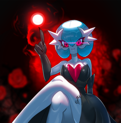 Size: 1062x1080 | Tagged: safe, artist:drunk_oak, fictional species, gardevoir, shiny pokémon, anthro, nintendo, pokémon, 2021, breasts, clothes, digital art, dress, evening gloves, eyelashes, female, gloves, hair, long gloves, looking at you, pose, solo, solo female, thighs, wide hips