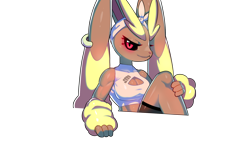Size: 1920x1080 | Tagged: safe, artist:drunk_oak, fictional species, lopunny, mammal, anthro, nintendo, pokémon, 2021, black sclera, breasts, clothes, colored sclera, digital art, ear piercing, ears, eyelashes, female, piercing, simple background, solo, solo female, transparent background