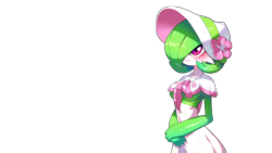 Size: 1920x1080 | Tagged: safe, artist:drunk_oak, fictional species, gardevoir, anthro, nintendo, pokémon, 2021, blushing, breasts, clothes, crossdressing, digital art, dress, eyelashes, fake breasts, femboy, looking at you, male, one eye closed, simple background, solo, solo male, transgender, transparent background