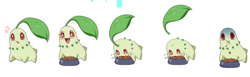 Size: 932x287 | Tagged: safe, artist:drunk_oak, chikorita, fictional species, feral, nintendo, pokémon, 2021, ambiguous gender, blushing, digital art, eating, food, food bowl, open mouth, simple background, solo, solo ambiguous, starter pokémon, this will not end well, tongue, unamused, white background
