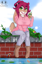 Size: 1280x1981 | Tagged: safe, artist:panda_man90, oc, oc only, lagomorph, mammal, rabbit, anthro, digitigrade anthro, 2021, big breasts, bottomwear, breasts, buckteeth, clothes, coffee, coffee cup, commission, digital art, drink, ears, eyelashes, female, fur, hair, looking at you, open mouth, open smile, pants, pink nose, shirt, sitting, smiling, smiling at you, solo, solo female, swimming pool, tail, teeth, tongue, topwear
