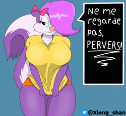 Size: 1280x1182 | Tagged: safe, artist:panda_man90, fifi la fume (tiny toon adventures), mammal, skunk, anthro, tiny toon adventures, warner brothers, 2020, bedroom eyes, big breasts, bottomwear, breasts, clothes, dialogue, digital art, ears, eyelashes, female, fur, hair, looking away, older, one eye closed, shirt, shirt pulled down, shorts, simple background, solo, solo female, speech bubble, tail, talking, text, thighs, topwear, unamused, wide hips