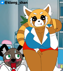 Size: 1280x1435 | Tagged: safe, artist:panda_man90, haida (aggretsuko), retsuko (aggretsuko), hyena, mammal, red panda, spotted hyena, anthro, aggretsuko, sanrio, 2020, bent over, big breasts, black nose, blep, bottomwear, breasts, clothes, digital art, duo, ears, eyelashes, female, fur, looking at you, male, office, open mouth, seductive, sharp teeth, shirt, shorts, tail, teeth, tongue, tongue out, topwear