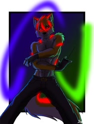 Size: 600x792 | Tagged: safe, artist:sapphwolf, canine, mammal, wolf, anthro, 2016, abs, bottomwear, clothes, fingerless gloves, gloves, glowing markings, glowstick, male, muscles, pants, partial nudity, rave, solo, solo male, tail, topless