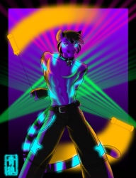 Size: 767x1000 | Tagged: safe, artist:sapphwolf, big cat, feline, mammal, tiger, anthro, abs, blacklight, bottomwear, clothes, glowing markings, glowstick, lights, male, muscles, pants, partial nudity, rave, solo, solo male, topless