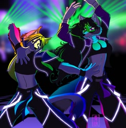 Size: 983x1000 | Tagged: safe, artist:sapphwolf, canine, mammal, anthro, blacklight, bottomwear, bracelet, clothes, crop top, cropped shirt, dancing, duo, female, glowing, jacket, jewelry, lights, male, midriff, pants, rave, topwear, wristband