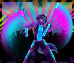 Size: 1280x1097 | Tagged: safe, artist:sapphwolf, hyena, mammal, 2016, bottomwear, clothes, dancing, fingerless gloves, gloves, glowing, group, lights, male, night club, nightclub, pants, rave, silhouette, solo, solo focus, solo male, tank top, topwear