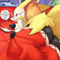 Size: 900x900 | Tagged: suggestive, artist:ozoneserpent, braixen, fictional species, nintendo, pokémon, 2021, bed, big breasts, big butt, blanket, breasts, butt, dialogue, digital art, ear fluff, ears, eyelashes, female, fluff, fur, hair, looking at you, looking back, looking back at you, lying down, lying on bed, nudity, on bed, open mouth, rear view, red nose, sideboob, solo, solo female, starter pokémon, tail, talking, text