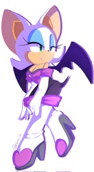 Size: 563x1024 | Tagged: safe, artist:nuinu_17, rouge the bat (sonic), bat, mammal, anthro, plantigrade anthro, sega, sonic the hedgehog (series), bat wings, bipedal, boots, breasts, cleavage, clothes, female, full body, fur, green eyes, shoes, simple background, solo, solo female, standing, tail, webbed wings, white background, white body, white fur, wings