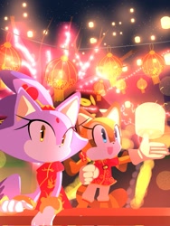 Size: 771x1024 | Tagged: safe, artist:nuinu_17, blaze the cat (sonic), marine the raccoon (sonic), cat, feline, mammal, procyonid, raccoon, anthro, sega, sonic the hedgehog (series), bipedal, blue eyes, bottomwear, chinese dress, chinese new year, clothes, duo, duo female, female, females only, fist, hair, happy, lantern, long tail, night, open mouth, open smile, pants, ponytail, red dress, sky, smiling, standing, tail, yellow eyes