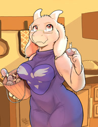 Size: 850x1100 | Tagged: safe, artist:rick griffin, toriel (undertale), bovid, goat, mammal, mollusk, snail, anthro, undertale, 2016, 2d, bucket, clothes, digital art, dress, ear piercing, earring, ears, female, fur, glasses, horns, indoors, kitchen, mature, mature female, piercing, red eyes, signature, solo, solo female, white body, white fur