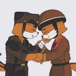 Size: 890x890 | Tagged: safe, artist:jianxixi0, mammal, rodent, squirrel, squirrel and hedgehog, clothes, duo, geumsaegi (squirrel and hedgehog), greeting, juldarami (squirrel and hedgehog), male, military uniform, sek studio