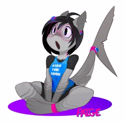 Size: 3333x3309 | Tagged: safe, artist:shnider, fish, shark, anthro, accessories, adorasexy, arm boob squeeze, barefoot, black hair, breast squish, breasts, claws, crossed legs, cute, ear piercing, feet, female, fins, fish tail, freckles, gills, glasses, hair, high res, meganekko, nerd, open mouth, paws, piercing, round glasses, sexy, sitting, solo, solo female, tail, tail fin, tail wraps, toe claws, toes, wide eyes, wraps