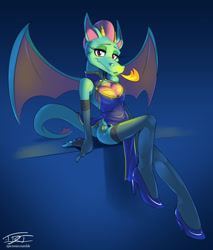 Size: 1020x1200 | Tagged: safe, artist:epictones, dulcy the dragon (sonic), dragon, fictional species, western dragon, anthro, archie sonic the hedgehog, sega, sonic the hedgehog (series), breasts, chest window, chinese dress, clothes, dragon wings, eyebrows, female, fire, fire breathing, gradient background, green body, green scales, hair, high heels, horn, lizard breasts, looking at you, pink hair, red eyes, scales, shoes, sitting, smiling, smiling at you, solo, solo female, tail, webbed wings, wings