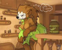 Size: 1166x933 | Tagged: suggestive, artist:ozoneserpent, oc, oc only, oc:cybil, hedgehog, mammal, anthro, 2020, bedroom eyes, black nose, breasts, dialogue, digital art, ears, eyelashes, featureless breasts, female, fur, hair, kitchen, slime, solo, solo female, tail, talking, text, thighs, transformation, unamused, wide hips