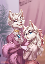 Size: 2480x3508 | Tagged: safe, artist:nelly63, duchess (the aristocats), marie (the aristocats), cat, feline, mammal, anthro, disney, the aristocats, blue eyes, bottomwear, clothes, digital art, dress, duo, duo female, ears, eyes closed, female, females only, fur, hair, high res, kitten, open mouth, signature, white body, white fur, white hair, young