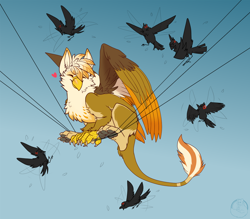 Size: 1200x1050 | Tagged: safe, artist:carifoxleopard, oc, oc:ember burd, bird, feline, fictional species, gryphon, mammal, feral, 2022, ambiguous gender, angry, beak, bird feet, black feathers, brown body, brown feathers, brown fur, cream feathers, cross-popping veins, cute, ears, eyes closed, feathered wings, feathers, flying, fur, group, heart, leonine tail, male, male focus, orange feathers, paw pads, paws, power lines, sitting, size difference, smiling, solo focus, tail, wings, wires