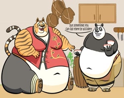 Size: 1616x1280 | Tagged: suggestive, artist:mintsfresh69, master po ping (kung fu panda), master tigress (kung fu panda), bear, big cat, feline, mammal, panda, tiger, anthro, dreamworks animation, kung fu panda, fat, female, hyper, hyper belly, immobile, morbidly obese, paw pads, paws, tigress, weight gain