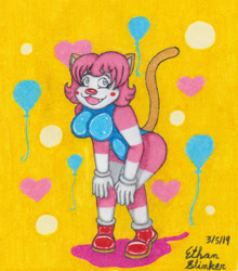Size: 1280x1452 | Tagged: safe, artist:cyberboy7000, oc, oc:kitty clown, cat, feline, mammal, anthro, 2019, big breasts, breasts, clothes, clown, dyed fur, female, gloves, happy, leaning forward, leotard, shoes, signature, solo, solo female, tail, traditional art, white gloves
