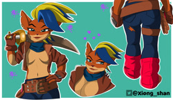Size: 1280x740 | Tagged: suggestive, artist:panda_man90, tawna bandicoot (crash bandicoot), bandicoot, mammal, marsupial, anthro, crash bandicoot (series), 2020, bandanna, bare chest, bedroom eyes, belly button, belt, black nose, boots, bottomwear, braless, breasts, butt, clothes, digital art, ears, eyelashes, female, fur, gloves, hair, jacket, looking at you, pants, rear view, shoes, solo, solo female, sword, tail, thighs, topwear, weapon, wide hips