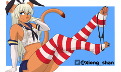 Size: 1280x766 | Tagged: suggestive, artist:panda_man90, oc, oc only, cat, feline, mammal, anthro, digitigrade anthro, 2020, bedroom eyes, belly button, breasts, bunny ears, butt, clothes, digital art, ears, evening gloves, eyelashes, female, fur, gloves, hair, legwear, long gloves, looking at you, panties, panties around leg, panties pulled down, pose, shirt, solo, solo female, stockings, tail, thighs, thong, topwear, underwear, wide hips