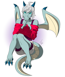 Size: 1280x1516 | Tagged: safe, artist:panda_man90, oc, oc only, dragon, fictional species, anthro, digitigrade anthro, 2020, bedroom eyes, bottomwear, clothes, crossdressing, digital art, dragon wings, ears, eyelashes, femboy, hair, horns, looking at you, male, pose, shirt, shorts, simple background, sitting, solo, solo male, sweater, tail, thighs, topwear, transparent background