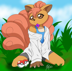Size: 1280x1264 | Tagged: suggestive, artist:panda_man90, fictional species, mammal, vulpix, anthro, digitigrade anthro, nintendo, pokémon, 2020, black nose, bottomwear, clothes, condom, digital art, ears, eyelashes, female, fur, hair, holding, kneeling, looking at you, mouth hold, poké ball, pose, shirt, shorts, solo, solo female, sweater, tail, thighs, topwear