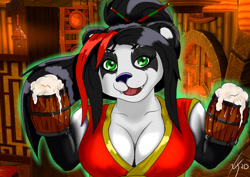 Size: 1280x905 | Tagged: safe, artist:panda_man90, oc, oc only, bear, mammal, panda, 2020, alcohol, beer, beer mug, black nose, breasts, chinese dress, digital art, drink, ears, eyelashes, female, fur, hair, looking at you, open mouth, solo, solo female, tongue