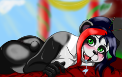 Size: 1280x813 | Tagged: suggestive, artist:panda_man90, oc, oc only, bear, mammal, panda, anthro, 2020, bed, black nose, breast squish, breasts, butt, digital art, ears, eyelashes, female, fur, hair, looking at you, lying down, lying on bed, nudity, on bed, open mouth, solo, solo female, sweat, tail, thighs, tongue, wide hips