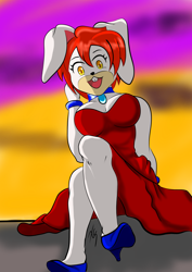 Size: 1280x1811 | Tagged: safe, artist:panda_man90, oc, oc only, lagomorph, mammal, rabbit, anthro, 2020, black nose, breasts, buckteeth, clothes, commission, digital art, dress, ears, eyelashes, female, fur, hair, high heels, looking at you, open mouth, shoes, solo, solo female, tail, teeth, thighs, tongue, wide hips