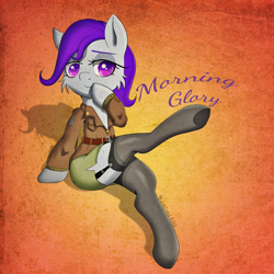 Size: 1080x1080 | Tagged: safe, artist:fajnyziomal, oc, oc:morning glory (project horizons), equine, fictional species, mammal, pegasus, pony, bottomwear, clothes, commission, gradient background, legwear, pinup, skirt, solo, stockings, thigh highs