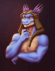 Size: 894x1150 | Tagged: safe, artist:mrincred, oc, oc only, fictional species, kobold, reptile, anthro, 2021, bust, clothes, commission, digital art, ears, hat, headwear, looking at you, male, portrait, scales, simple background, solo, solo male, ych result