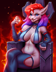Size: 778x1000 | Tagged: suggestive, artist:mrincred, oc, oc only, cat, feline, mammal, anthro, 2021, belly button, bikini, bikini top, black nose, bottomless, breasts, clothes, commission, digital art, ears, eyelashes, female, fur, hair, legwear, nudity, partial nudity, sitting, solo, solo female, stockings, swimsuit, tail, thighs, throne, wide hips, ych result