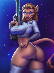 Size: 738x1000 | Tagged: suggestive, artist:mrincred, oc, oc only, big cat, feline, lion, mammal, anthro, star trek, 2021, big breasts, black nose, boots, breasts, butt, clothes, commission, digital art, ears, eyelashes, female, fur, hair, lioness, panties, pose, shirt, shoes, solo, solo female, tail, thighs, topwear, underwear, weapon, wedgie, wide hips, ych result