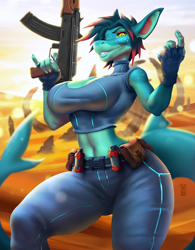 Size: 856x1100 | Tagged: safe, artist:mrincred, oc, oc only, fish, shark, anthro, 2021, ak-47, assault rifle, big breasts, bottomwear, breasts, clothes, commission, digital art, ears, eyelashes, female, fingerless gloves, fins, fish tail, gloves, gun, hair, looking at you, pants, rifle, scales, shark tail, solo, solo female, tail, tank top, thighs, topwear, weapon, wide hips