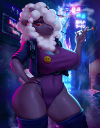 Size: 996x1280 | Tagged: suggestive, artist:mrincred, fictional species, mammal, wooloo, anthro, nintendo, pokémon, 2021, big breasts, breasts, cameltoe, cigarette, clothes, commission, digital art, ears, eyelashes, female, fur, hair, hand on hip, horns, jacket, legwear, one eye closed, smoking, solo, solo female, stockings, suit, tail, thighs, topwear, wide hips, ych result