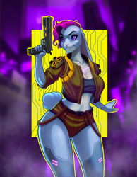 Size: 739x950 | Tagged: safe, artist:mrincred, judy hopps (zootopia), android, lagomorph, mammal, rabbit, robot, anthro, cd projekt red, cyberpunk 2077, disney, zootopia, 2020, bottomwear, breasts, clothes, cyberpunk, digital art, ears, eyelashes, female, fur, gun, hair, handgun, jacket, pink nose, pose, shorts, simple background, solo, solo female, tail, tank top, thighs, topwear, weapon, wide hips